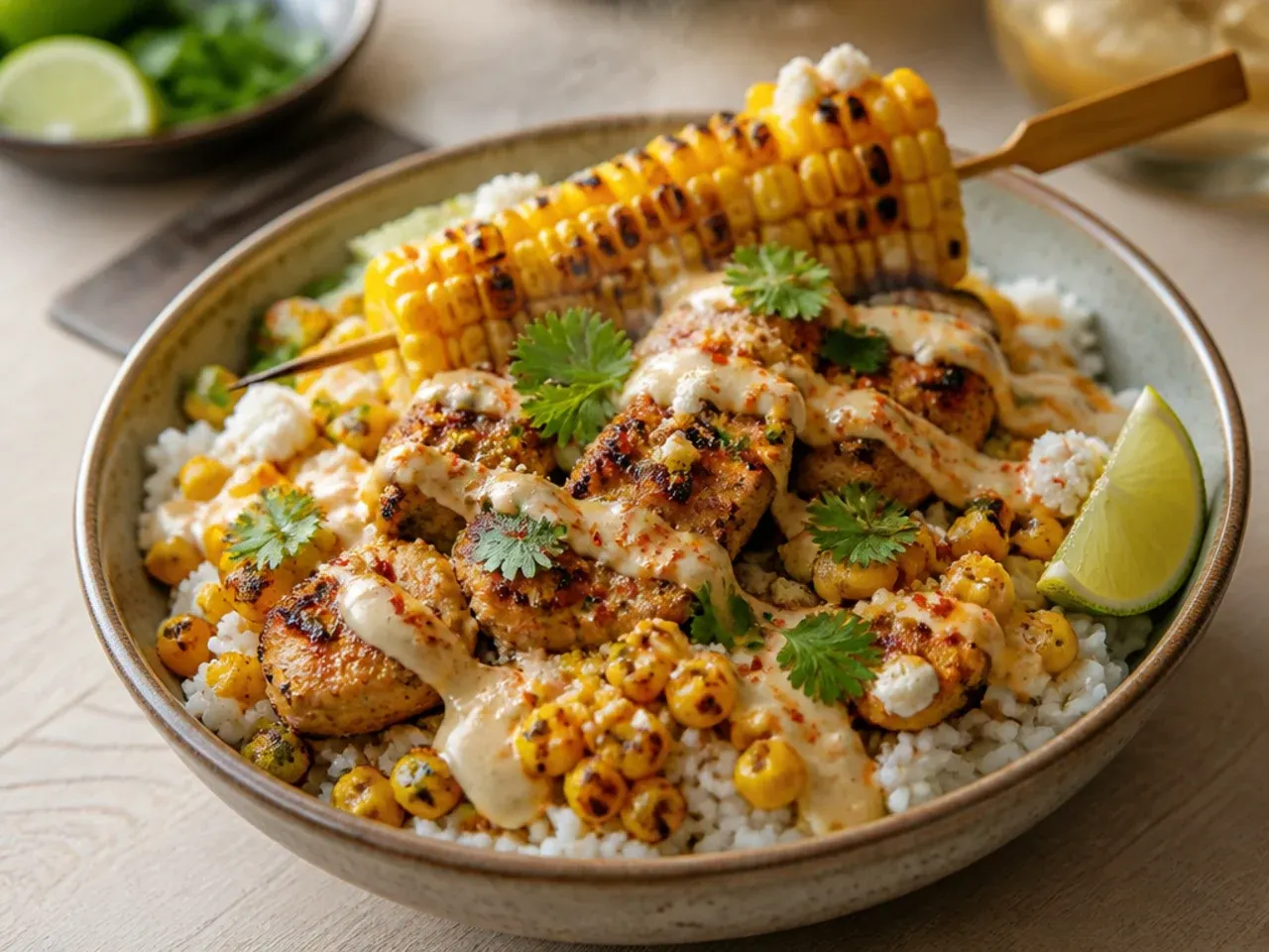 Best-ever grilled street corn and chicken rice bowl with charred corn on the cob and grilled chicken thighs