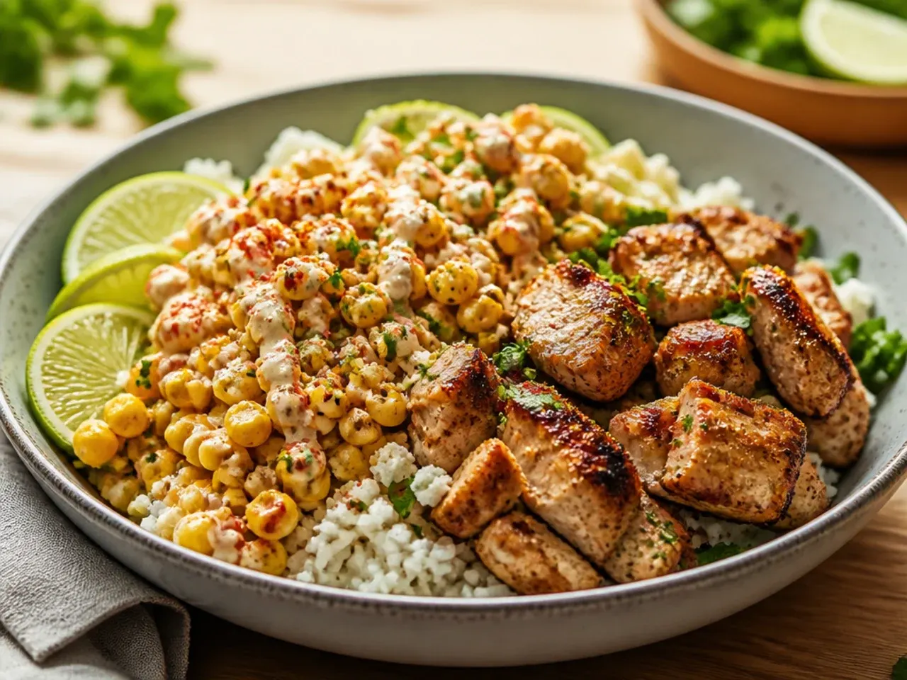 Cheesy street corn and chicken rice bowl with melted Monterey Jack and extra cotija