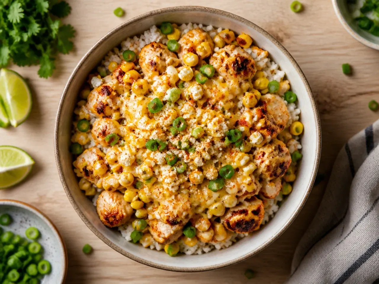 Budget-friendly street corn and chicken rice bowl with chicken thighs and tinned corn