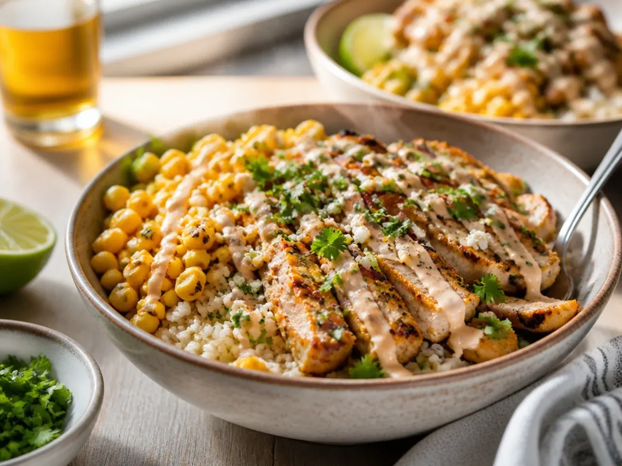Street corn and chicken rice bowl toppings bar with separate bowls of beans, avocado and salsa