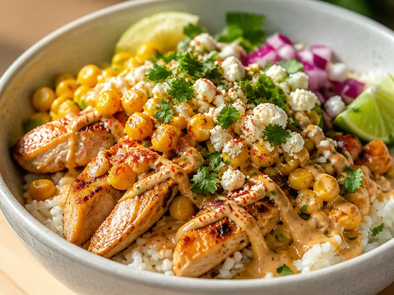Meal prep containers with street corn and chicken rice bowl components stored separately
