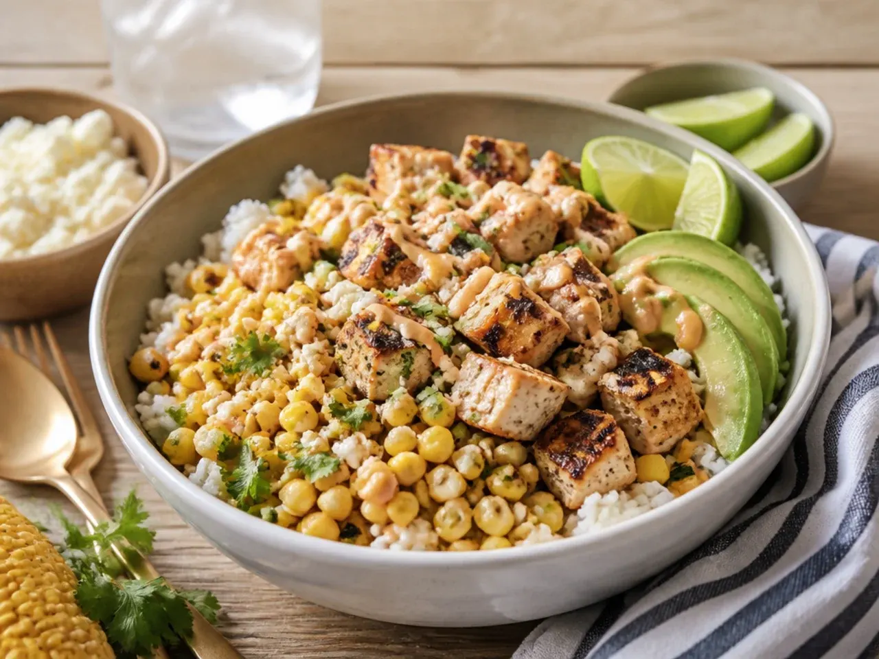 Family-friendly street corn and chicken rice bowl with mild seasoning and diced chicken