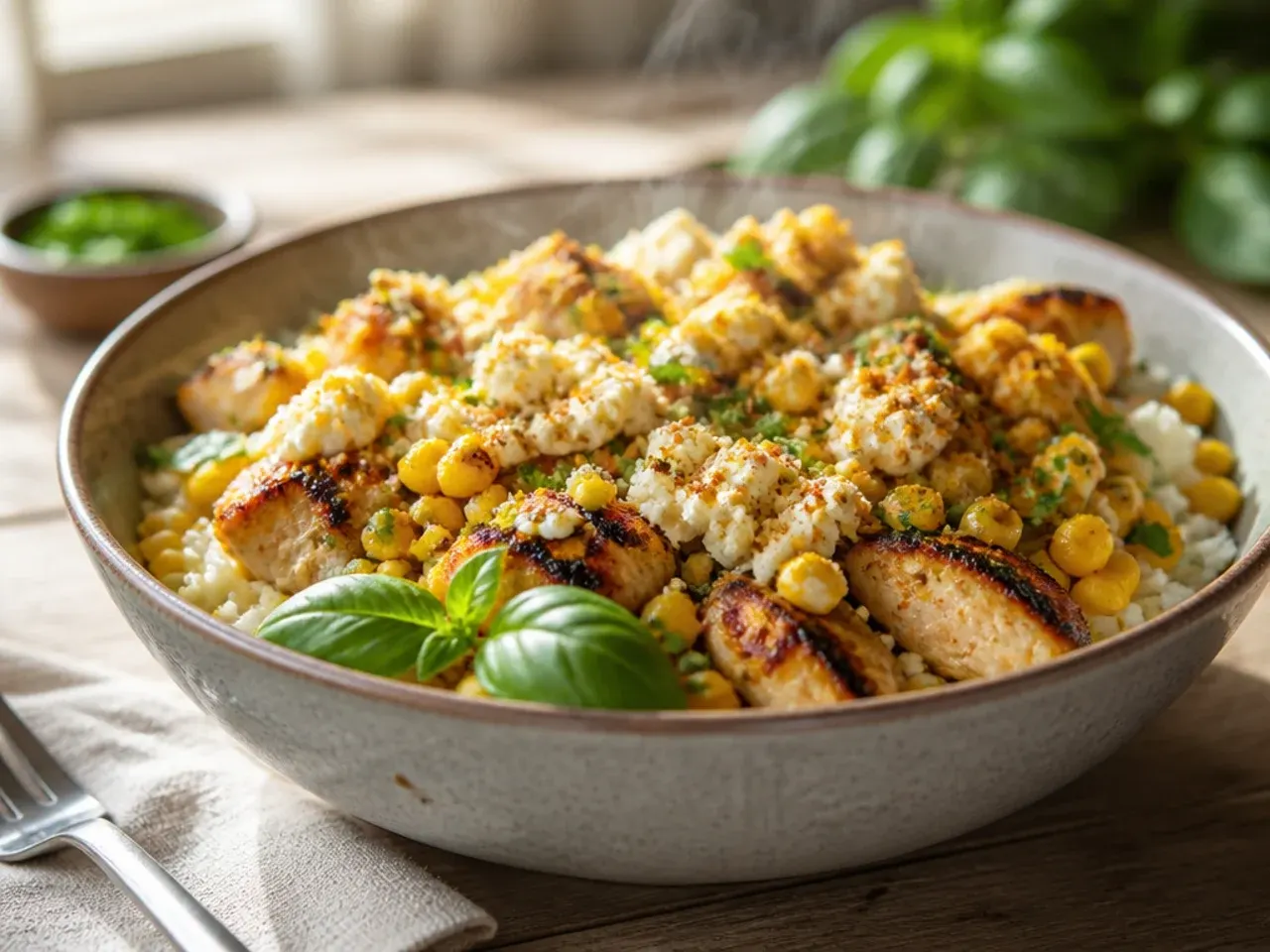 Festive street corn and chicken rice bowl with pickled red onion, jalapeño and pumpkin seeds