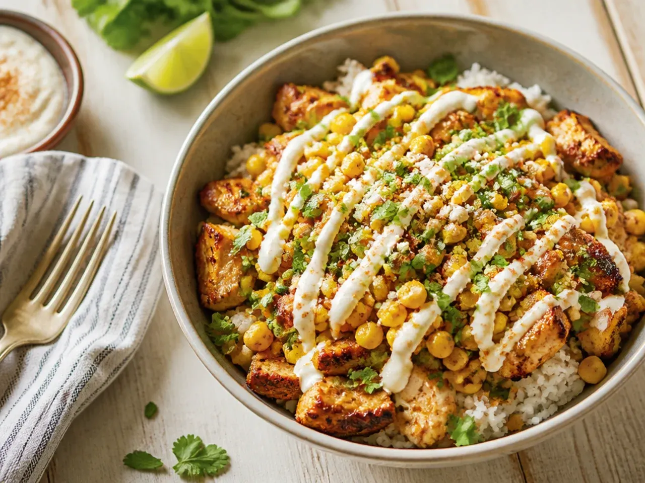 Quick 15-minute street corn and chicken rice bowl with microwave rice and pre-cooked chicken