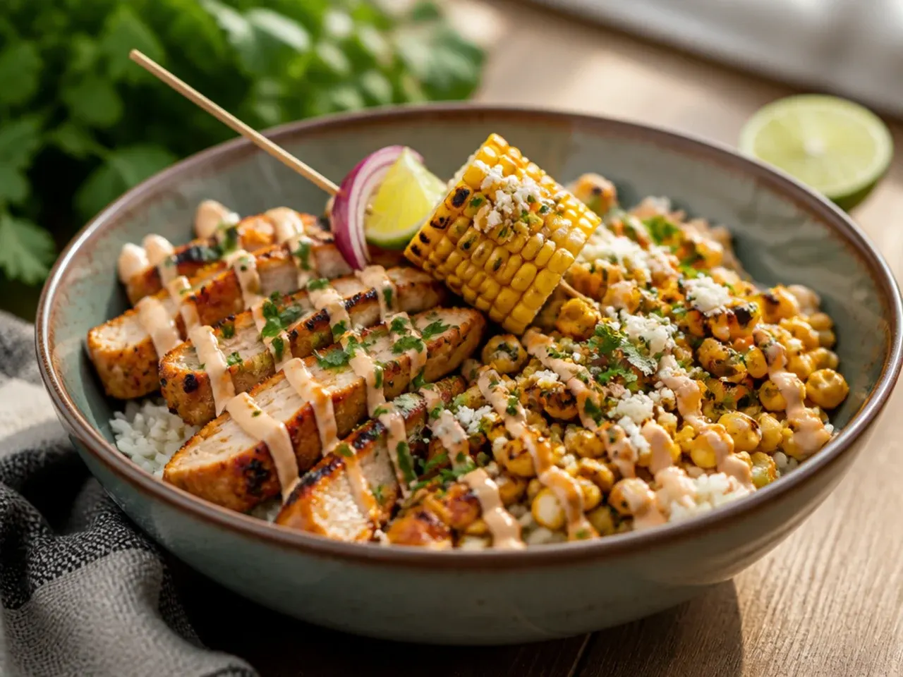 Homemade street corn and chicken rice bowl with cilantro-lime rice and scratch-made elote sauce