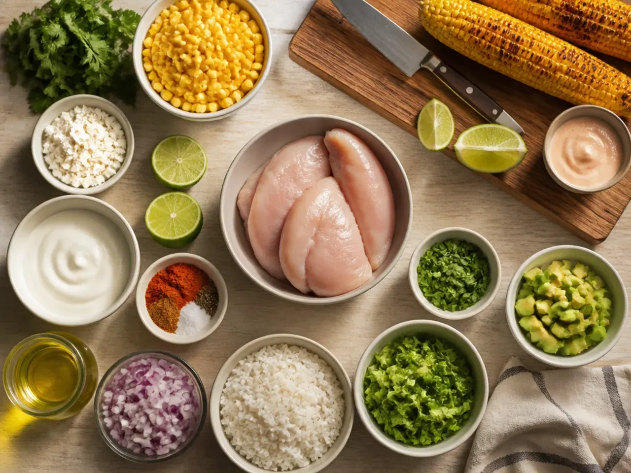 Close-up of corn charring in a dry cast iron skillet for a street corn and chicken rice bowl