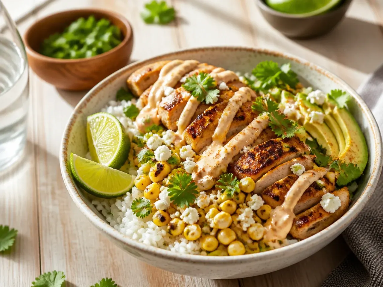 Street corn and chicken rice bowl served with warm tortillas and a lime wedge on the side
