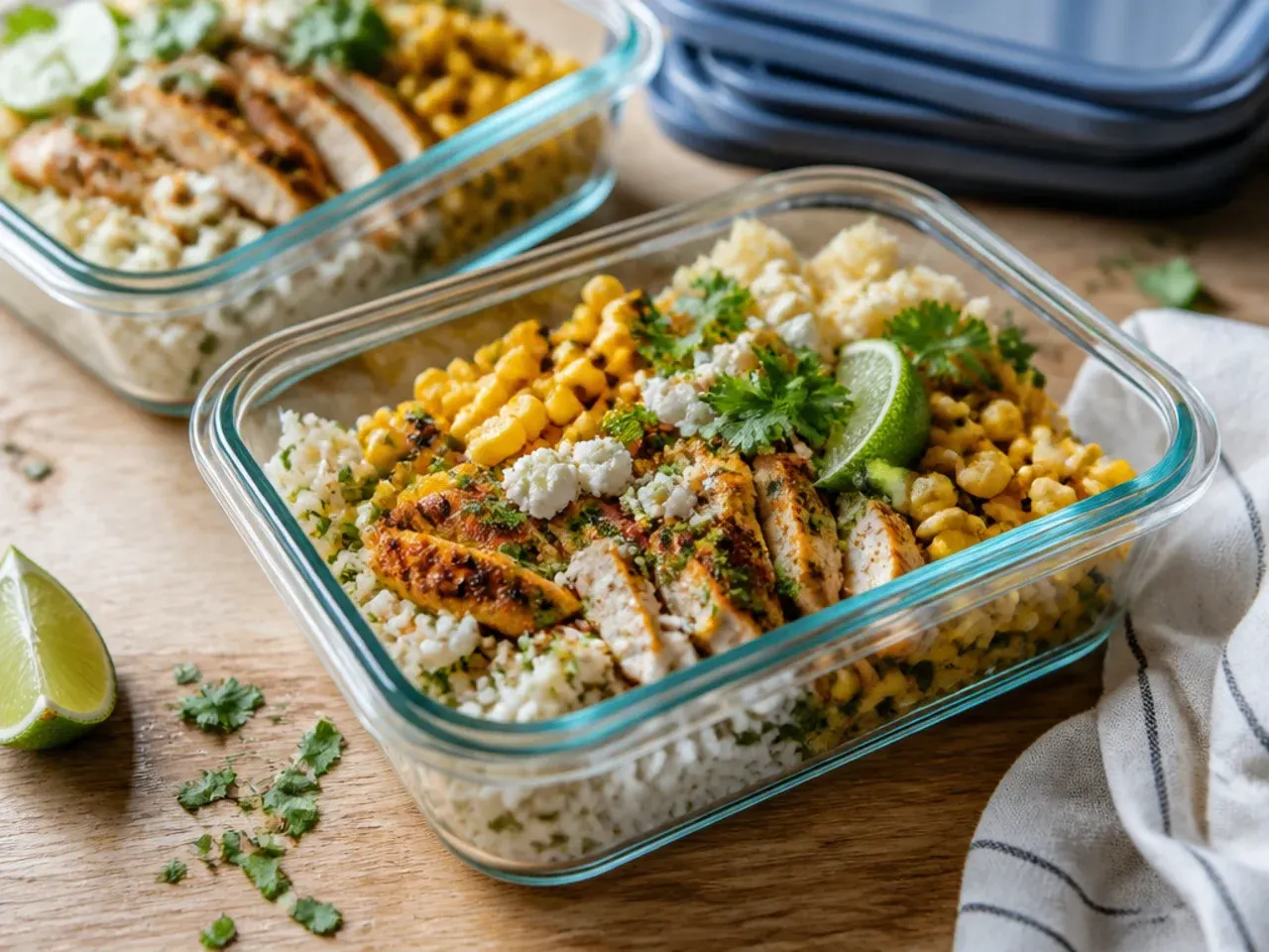 Street corn and chicken rice bowl leftovers stored in an airtight container