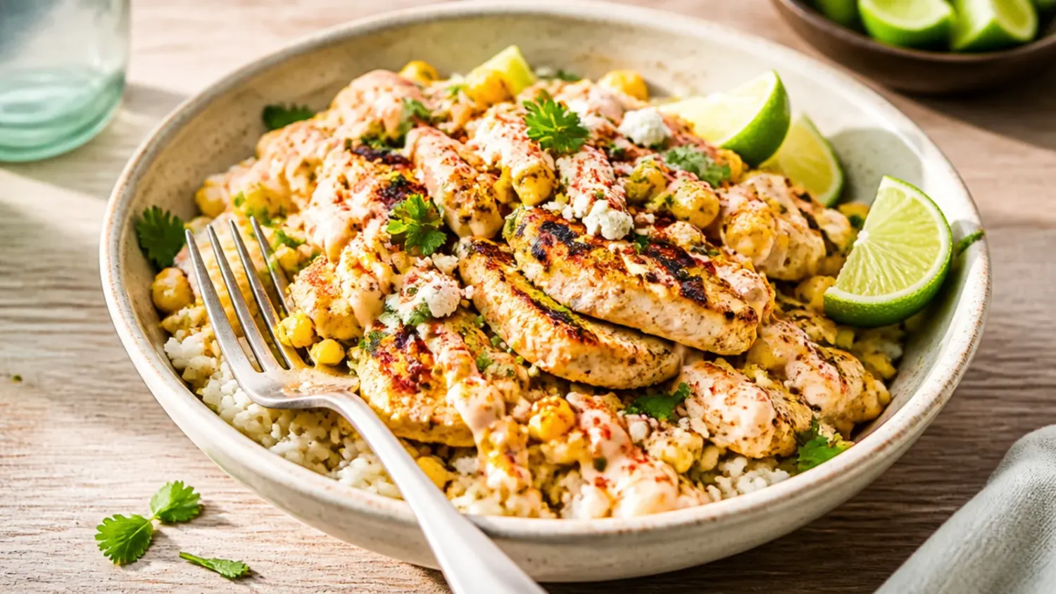Overhead shot of a street corn chicken and rice bowl topped with charred corn, cotija cheese, lime wedges and fresh coriander