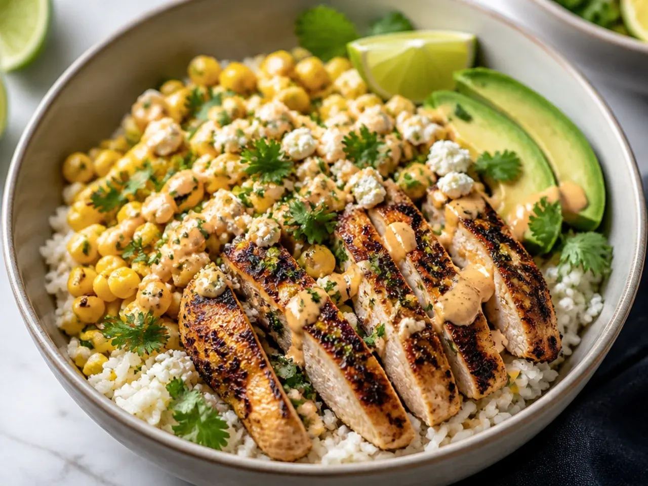 Ingredients for a street corn chicken and rice bowl laid out on a wooden board, including corn, chicken thighs, rice, lime and cotija cheese