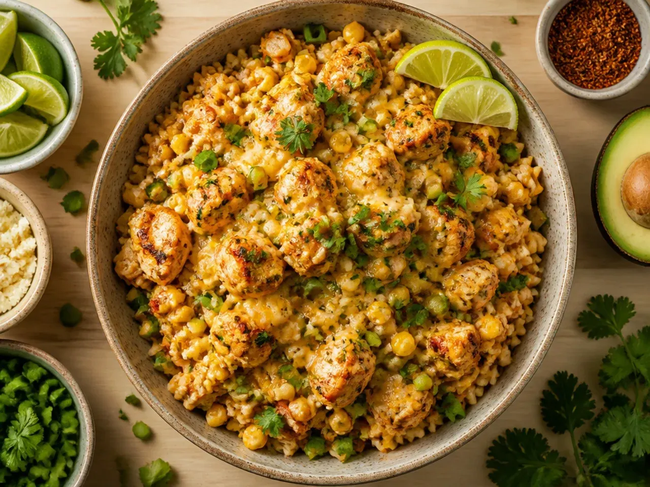 Classic street corn chicken and rice bowl with charred corn and lime wedge