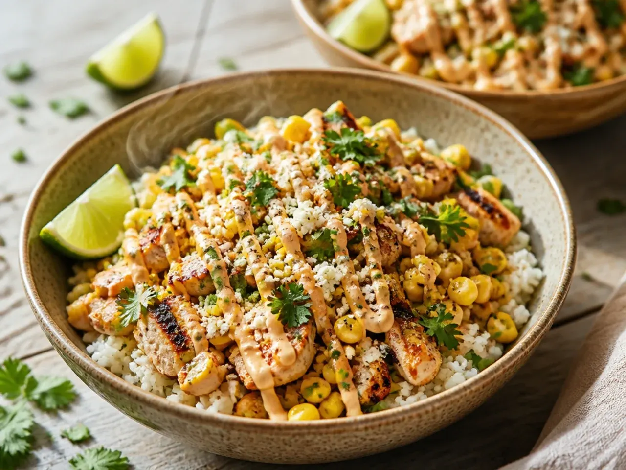 Quick weeknight street corn chicken and rice bowl made with rotisserie chicken and frozen corn