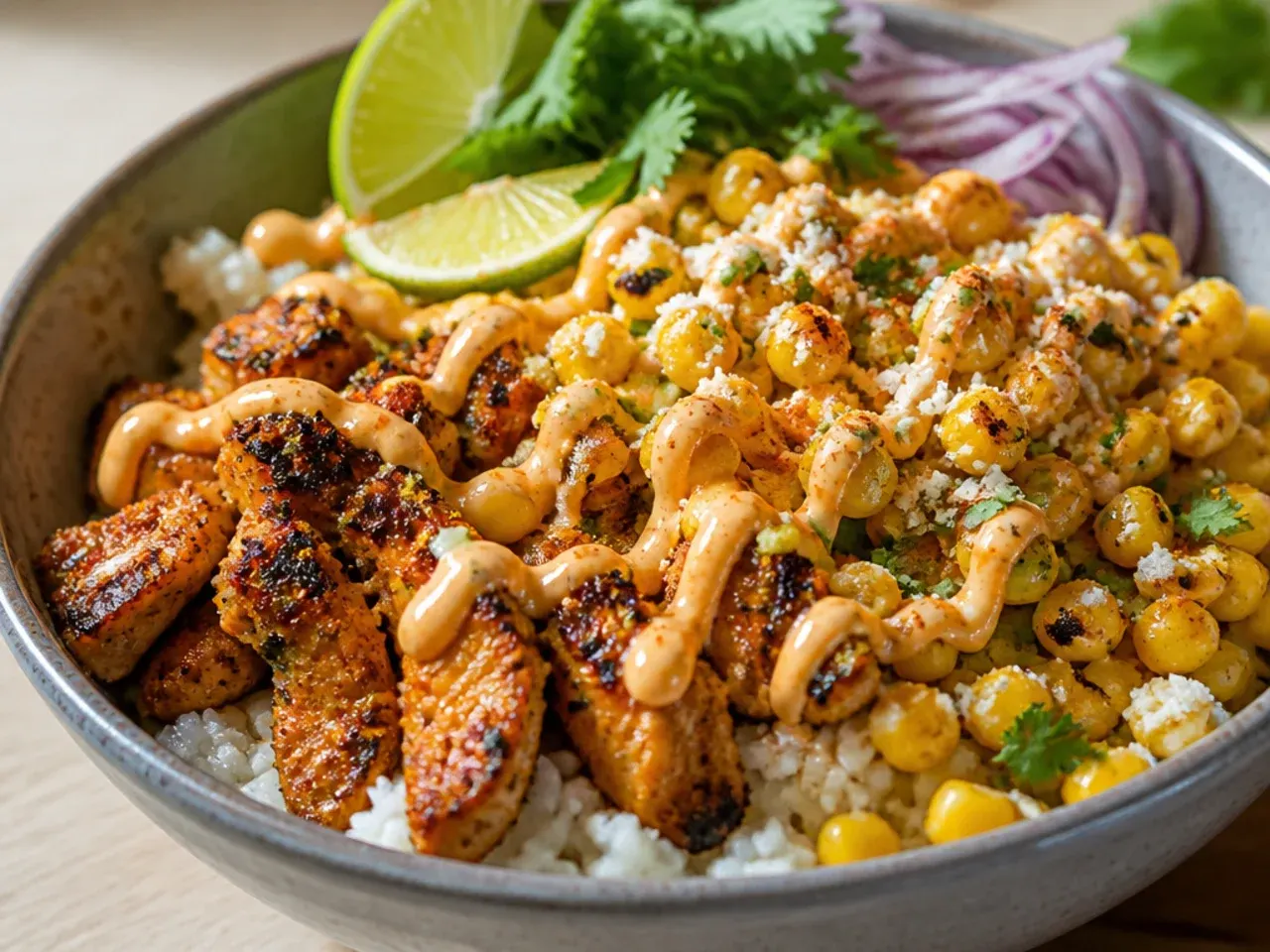 Cozy street corn chicken and rice bowl with creamy corn stirred through warm rice