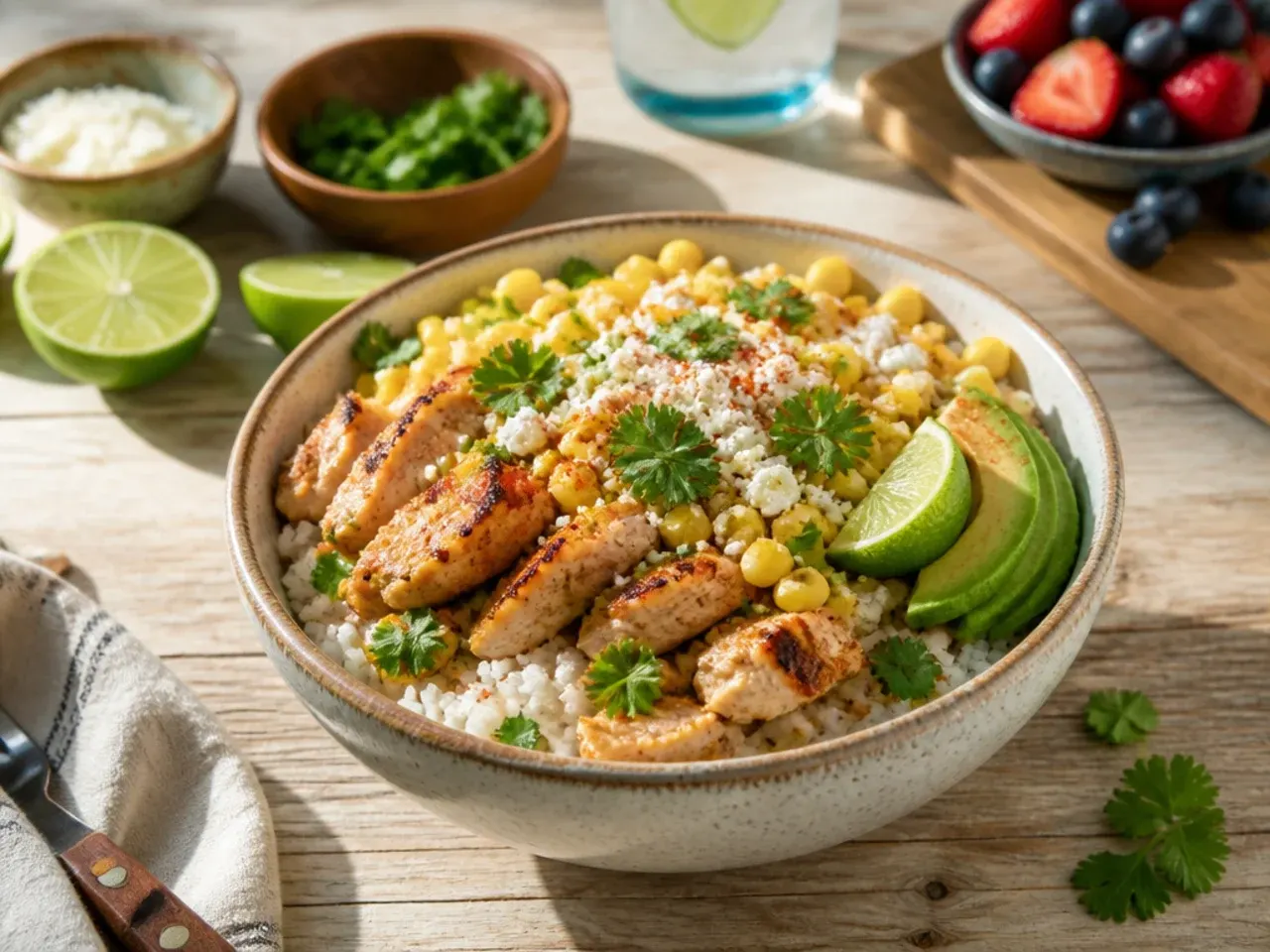 Simple five-ingredient street corn chicken and rice bowl