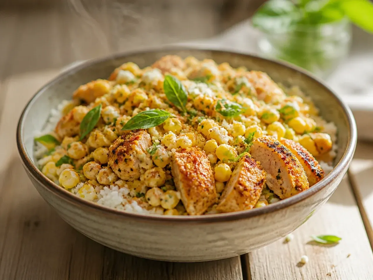 Creamy street corn chicken and rice bowl drizzled with lime crema