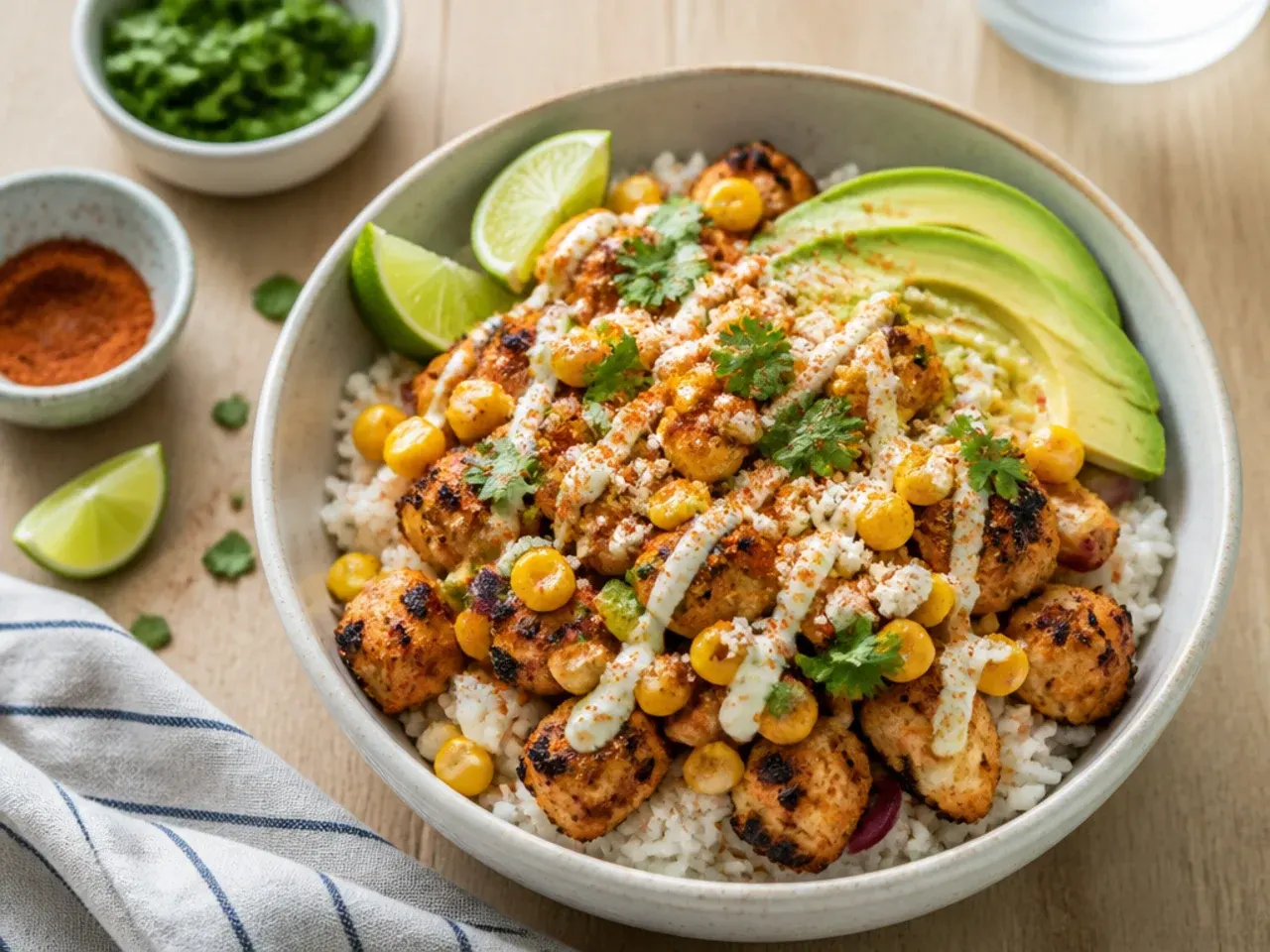Loaded street corn chicken and rice bowl topped with black beans, avocado and pickled onion