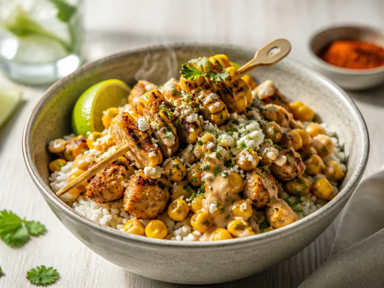 Best-ever street corn chicken and rice bowl with chipotle-glazed chicken