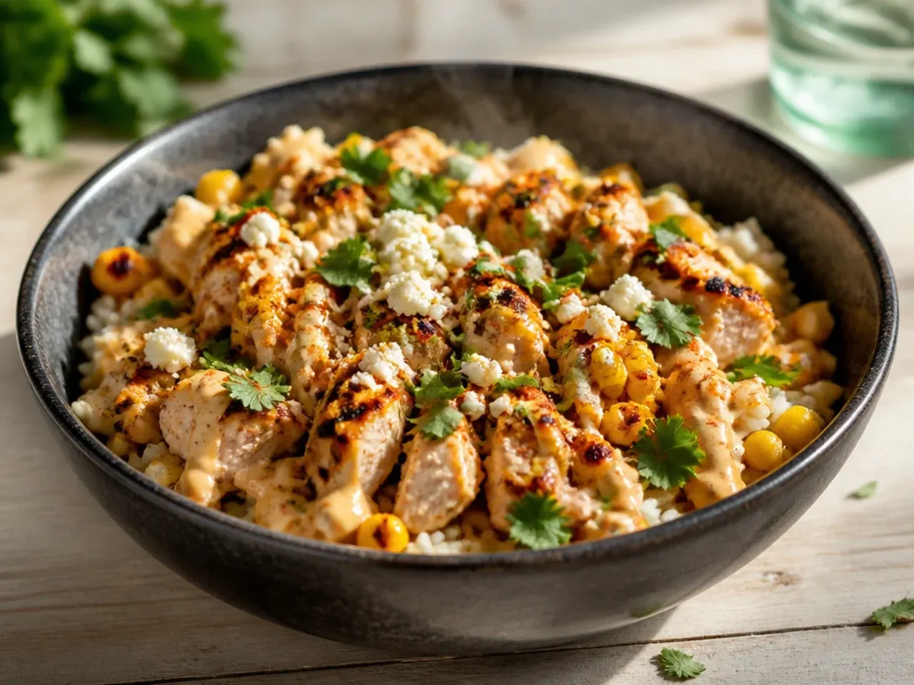 Cheesy street corn chicken and rice bowl with melted Monterey Jack and cotija
