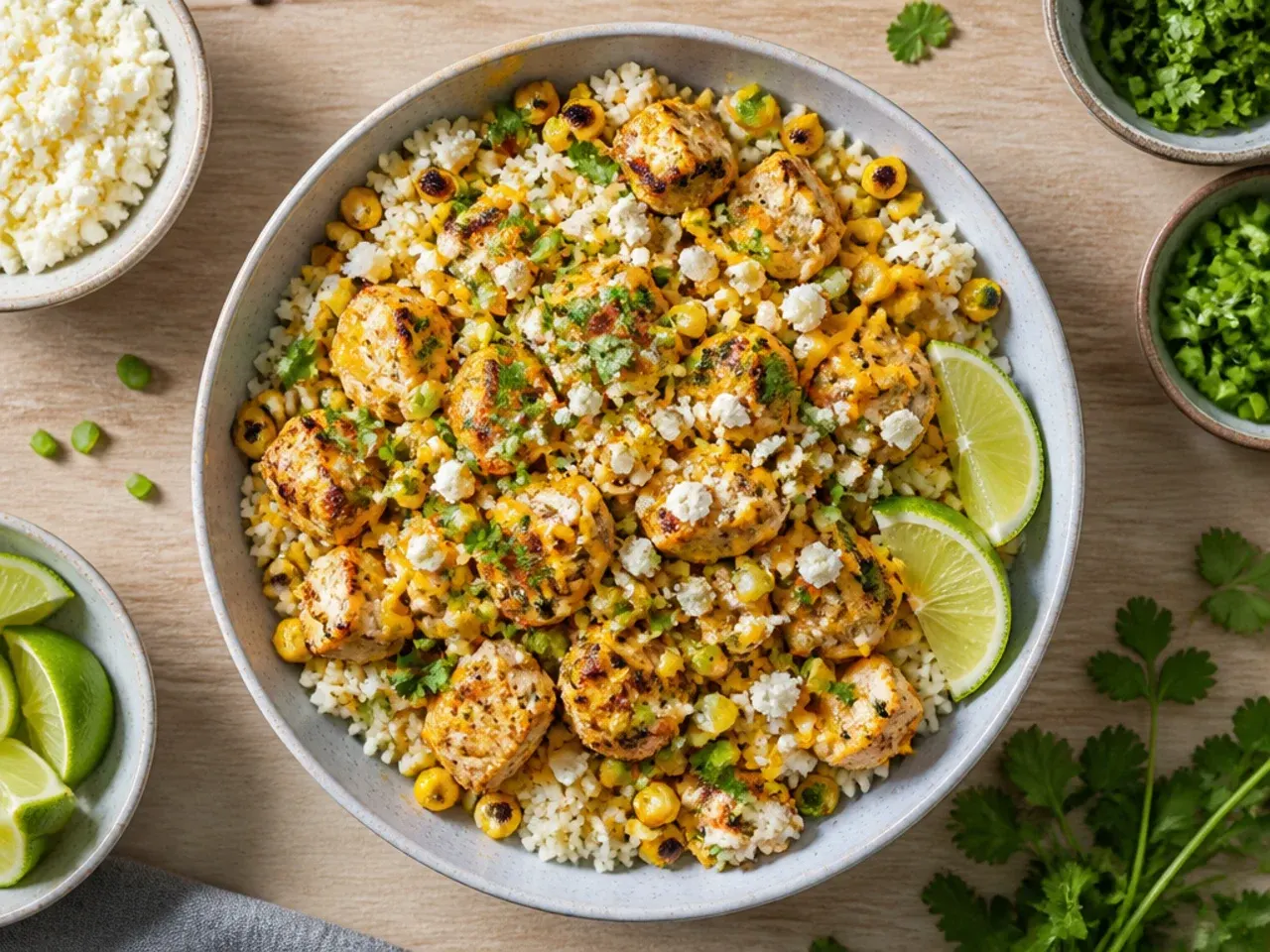 Budget-friendly street corn chicken and rice bowl using pantry staples