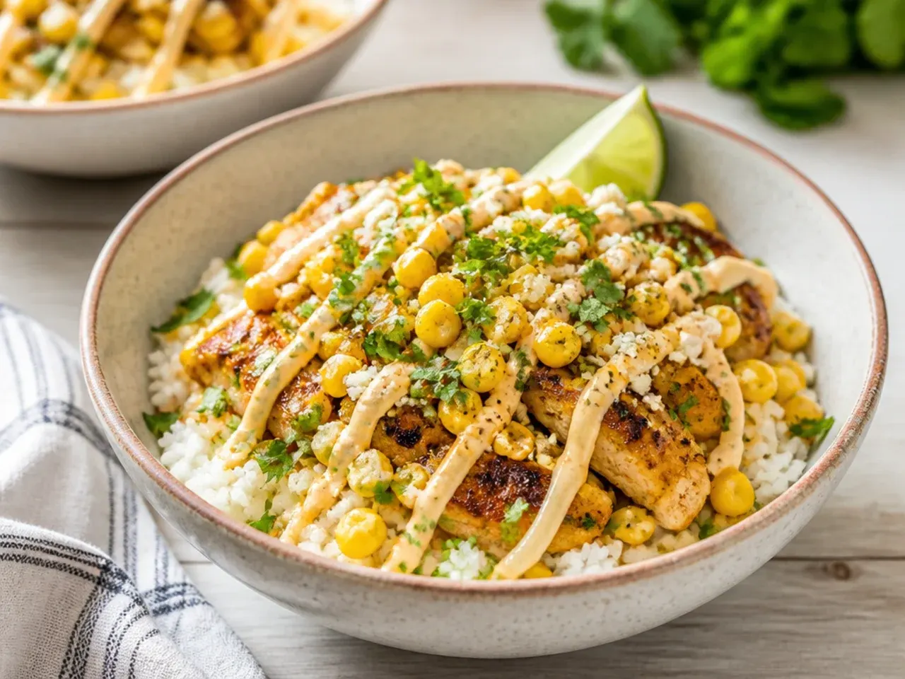 Build-your-own street corn chicken and rice bowl bar with toppings laid out in small dishes