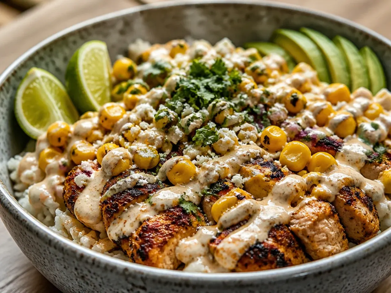 Make-ahead street corn chicken and rice bowl meal prep containers with separated components