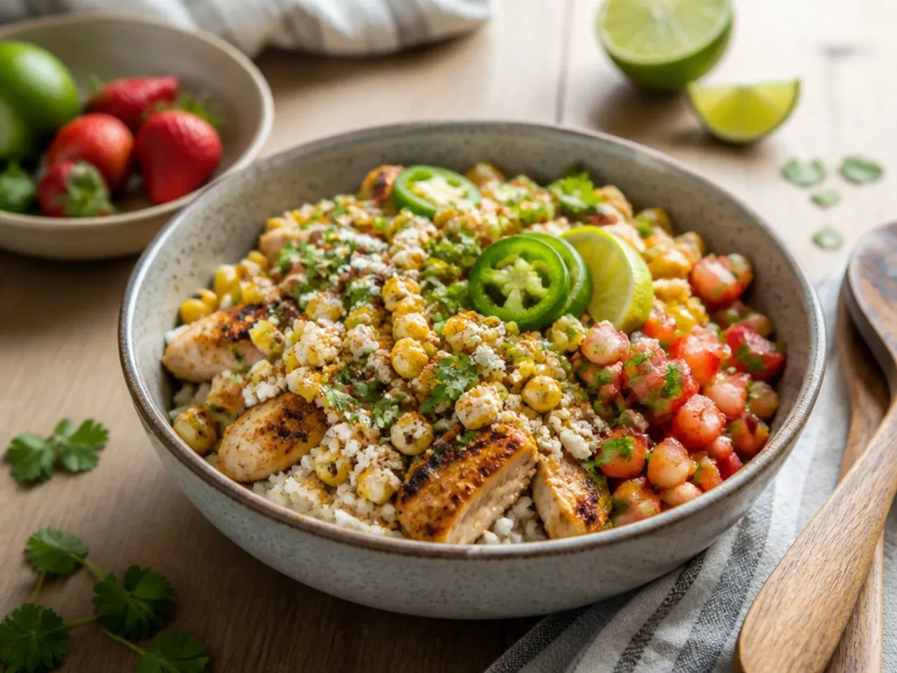 Family-friendly street corn chicken and rice bowl with mild seasoning and bite-sized chicken