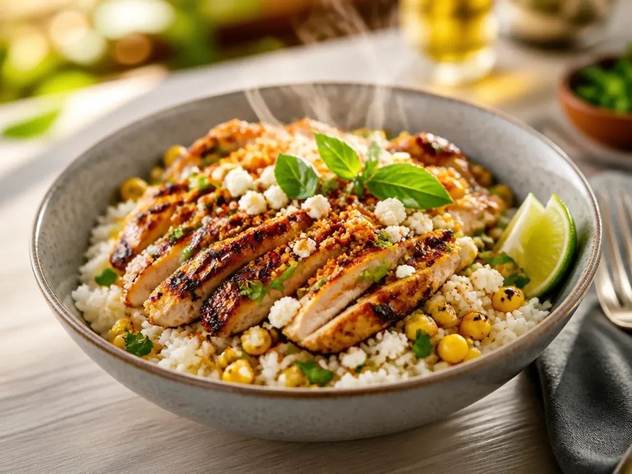 Festive street corn chicken and rice bowl with pomegranate seeds and cilantro-lime rice