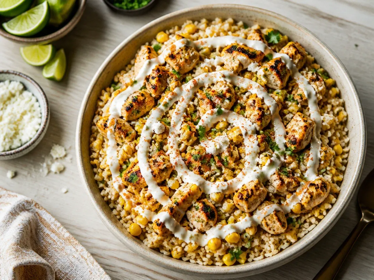 Quick 12-minute street corn chicken and rice bowl using pre-cooked chicken and rice pouches