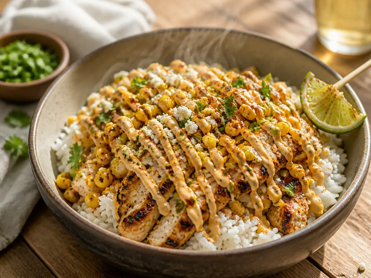 Homemade street corn chicken and rice bowl with whole grilled corn cobs and marinated chicken