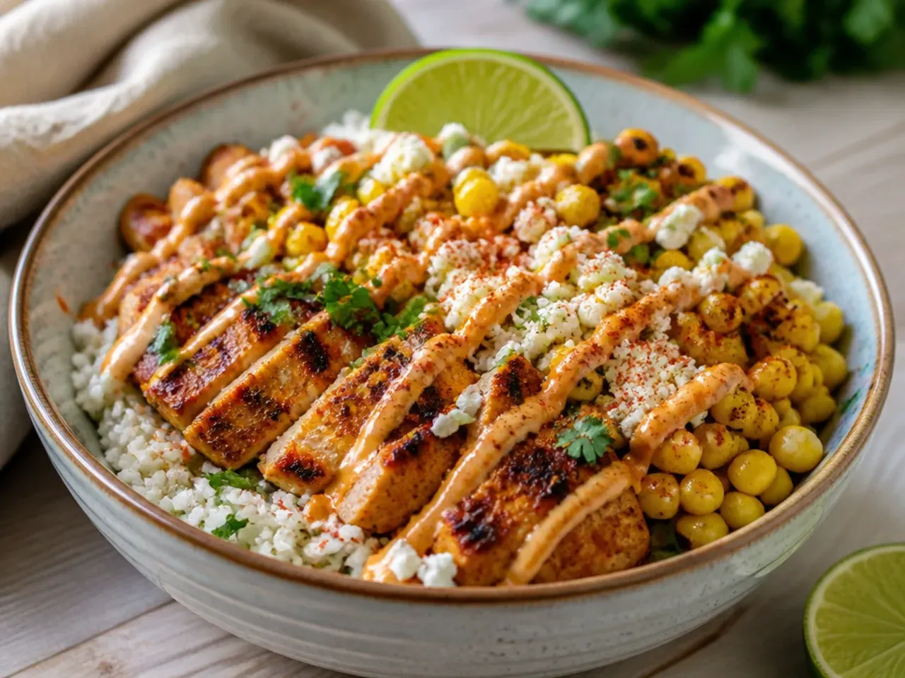 Smoky street corn chicken and rice bowl with chipotle-charred corn
