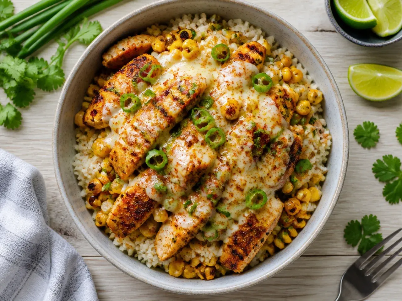 Spicy street corn chicken and rice bowl topped with pickled jalapeños