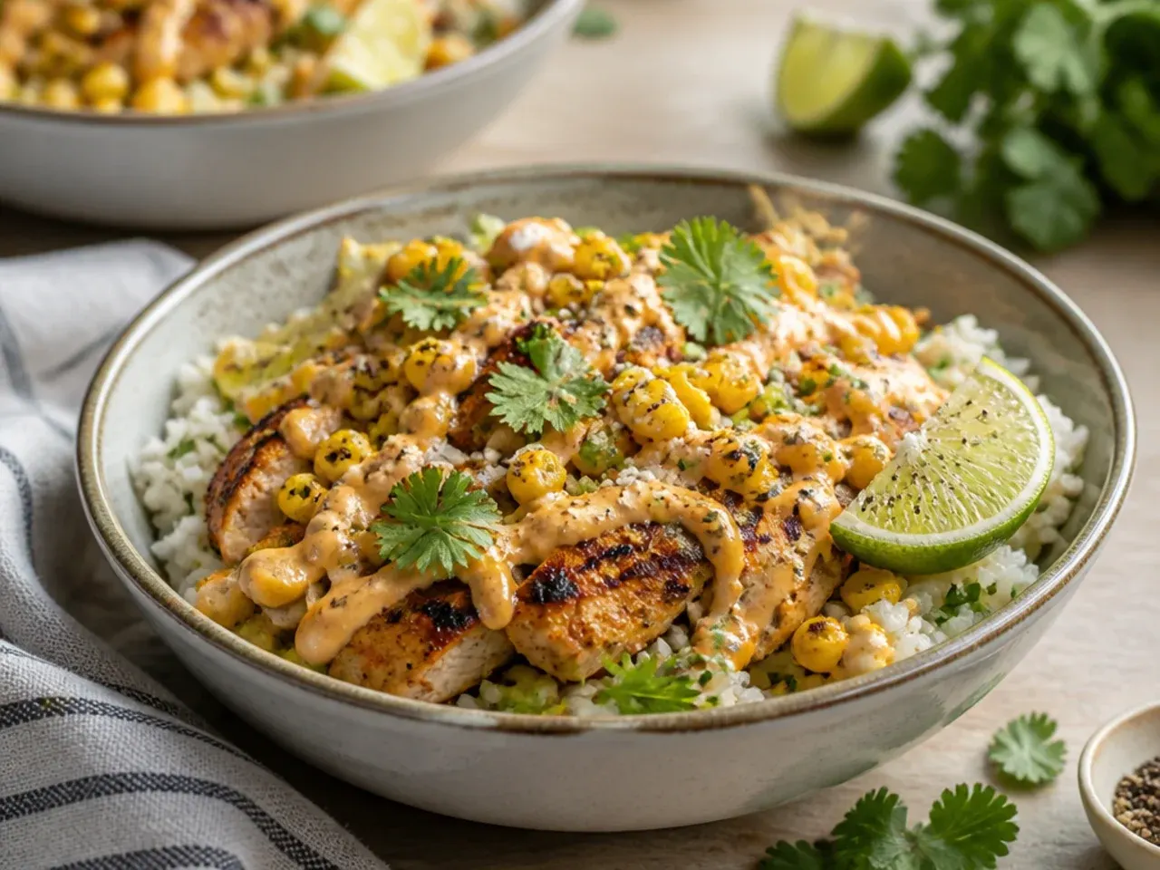 Cilantro-lime street corn chicken and rice bowl with herbed rice
