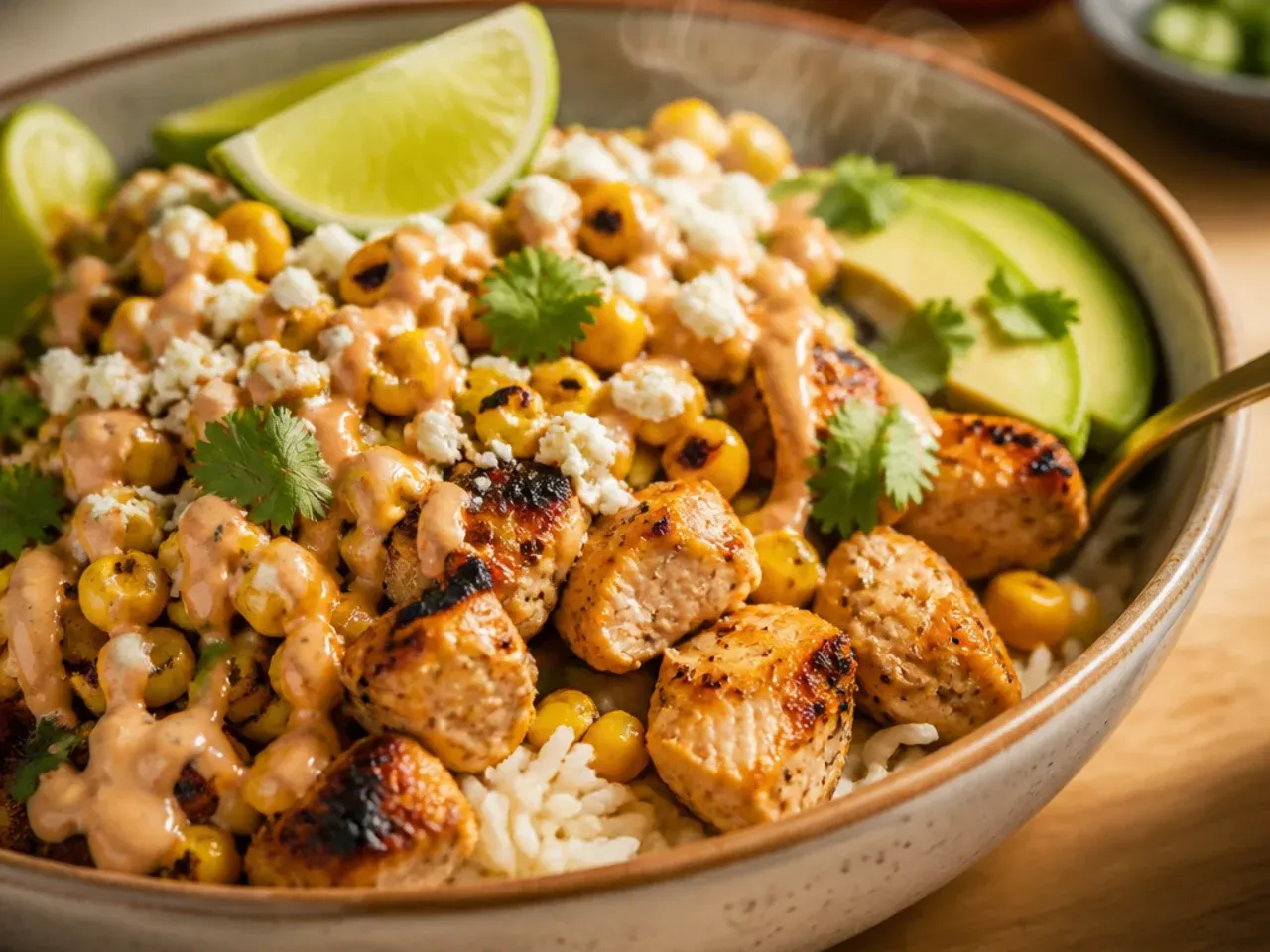 Grilled street corn chicken and rice bowl with char-marked chicken thighs and corn cobs