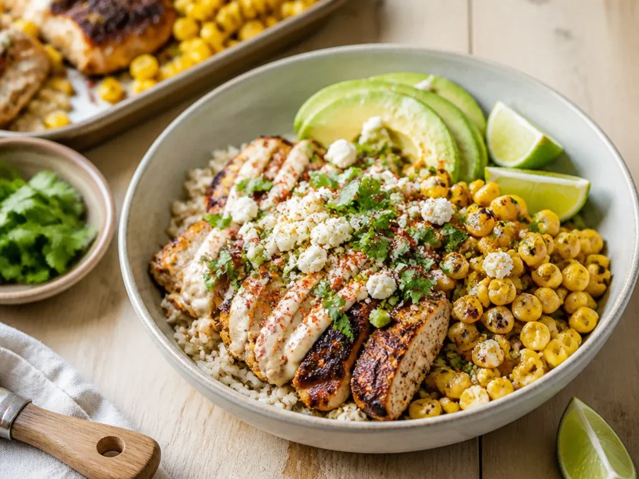 Sheet-pan street corn chicken and rice bowl with roasted chicken and corn on one tray