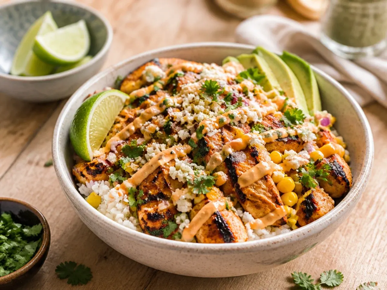 Street corn chicken and rice bowl served with tortilla chips, salsa and lime wedges on the side