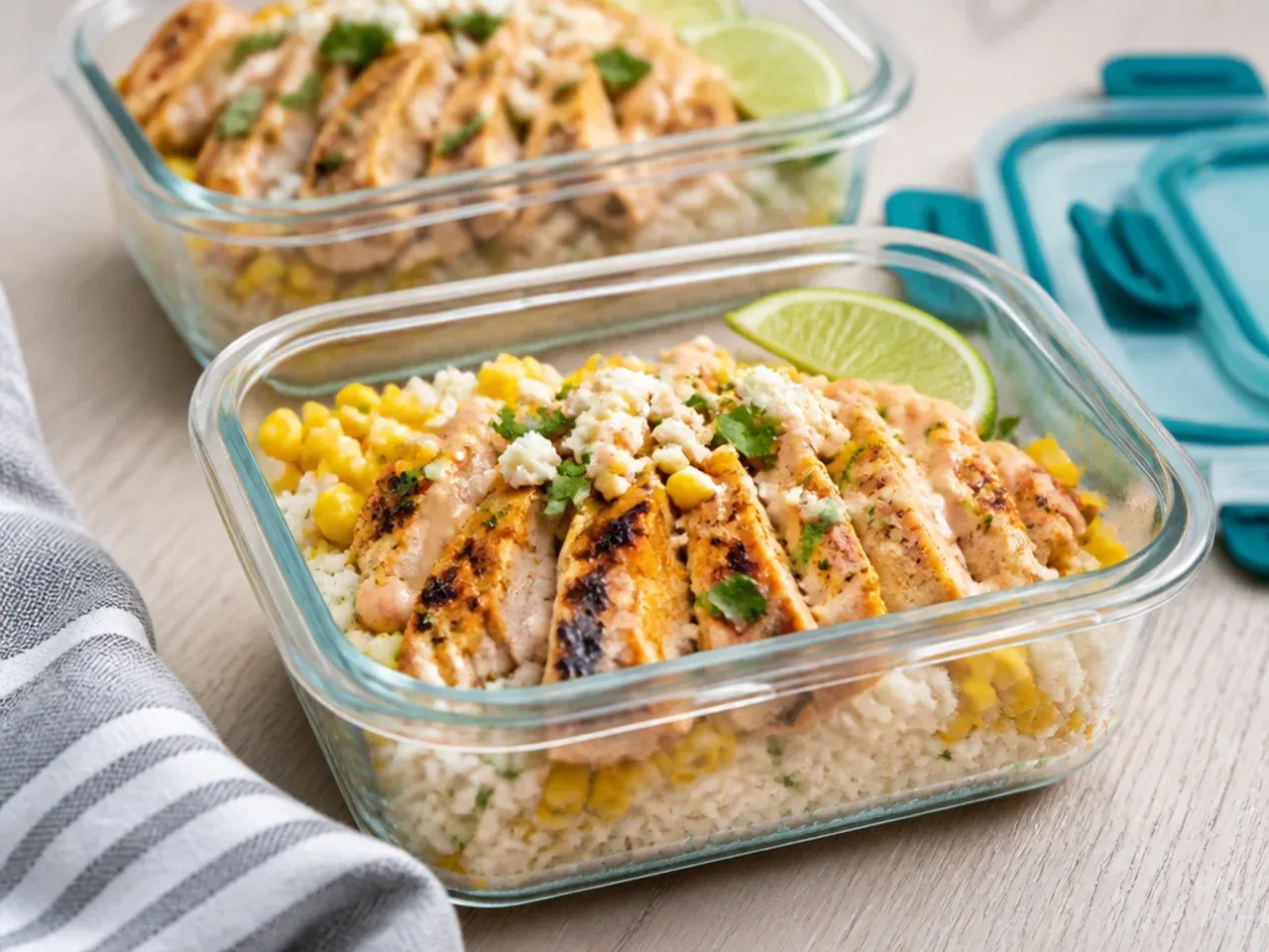 Meal prep containers of street corn chicken and rice bowl ready for the fridge