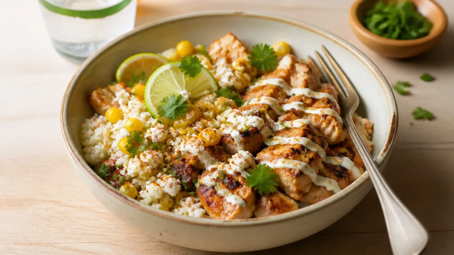 Overhead shot of a street corn chicken rice bowl with charred corn, cotija cheese, sliced chicken, lime wedges and cilantro on white rice