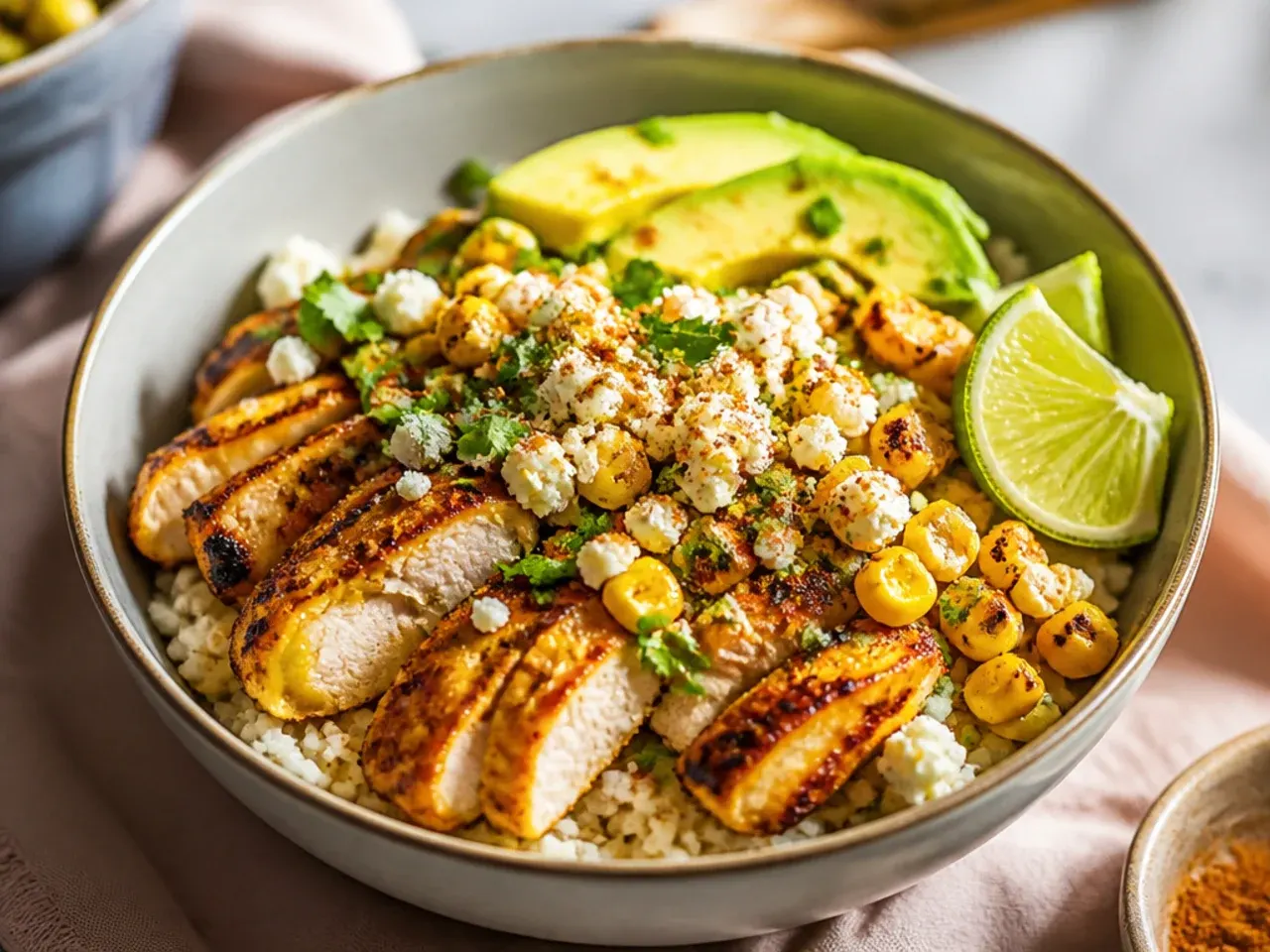 Ingredients for a street corn chicken rice bowl laid out on a kitchen counter including corn, chicken, rice, lime and cotija cheese
