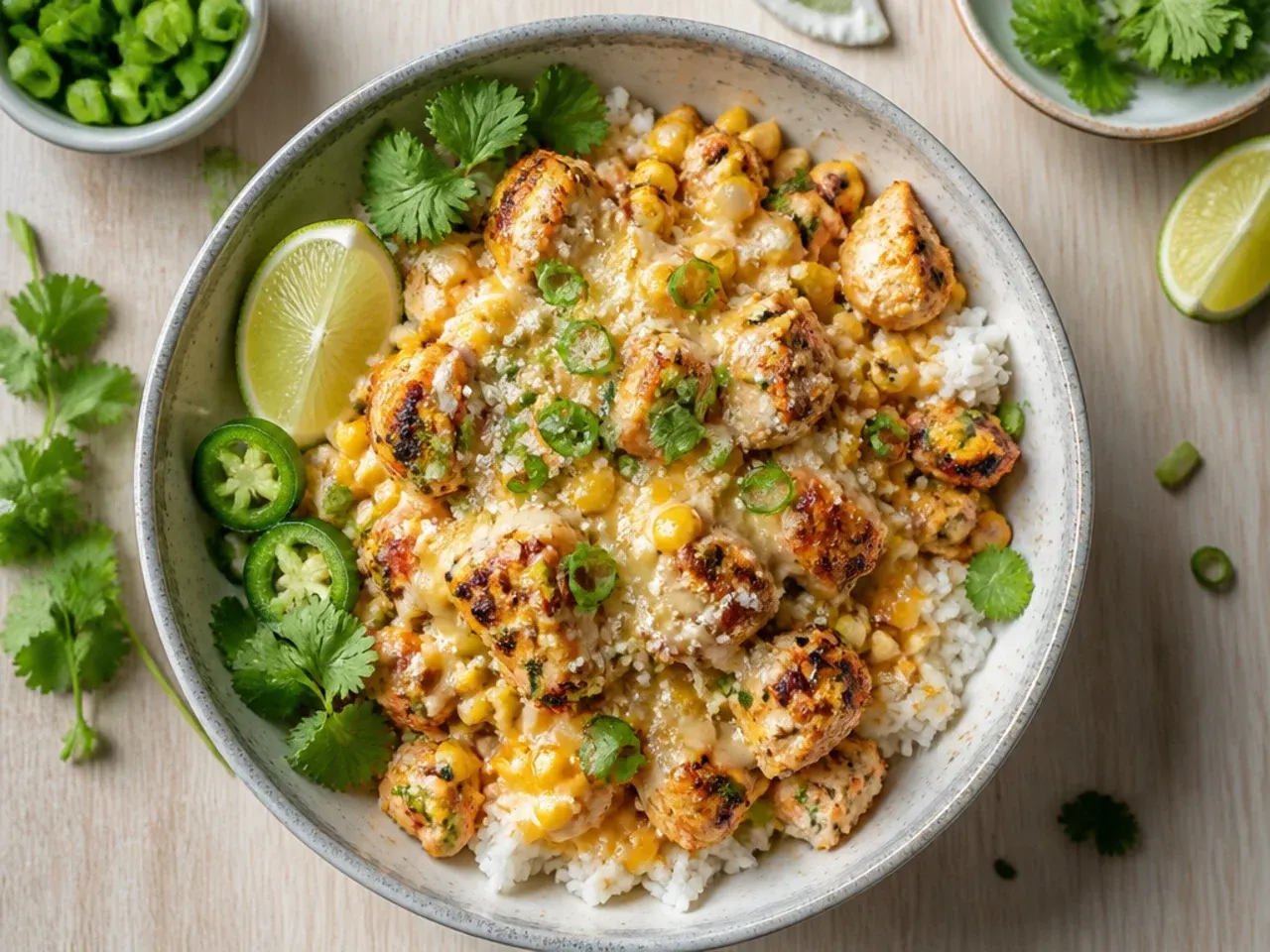 Classic street corn chicken rice bowl with charred corn and sliced seared chicken thigh over rice