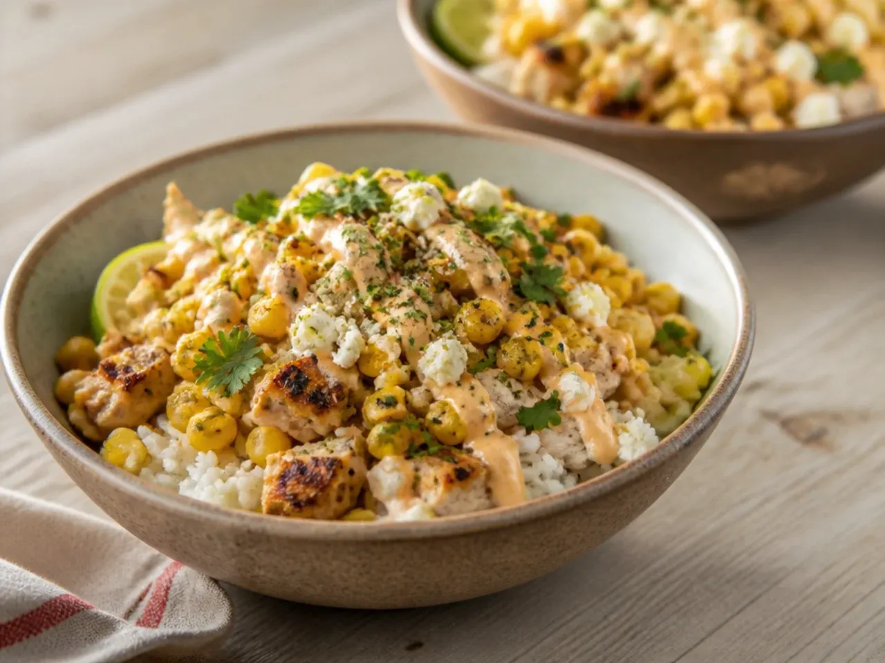 Quick street corn chicken rice bowl made with shredded rotisserie chicken and tinned corn