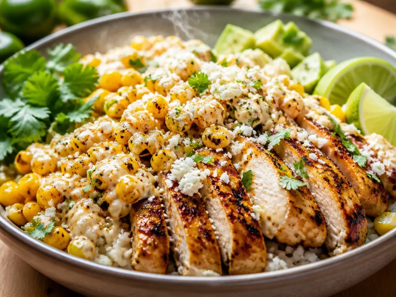 Cozy street corn chicken rice bowl with saucy chicken thighs and creamy corn over warm rice