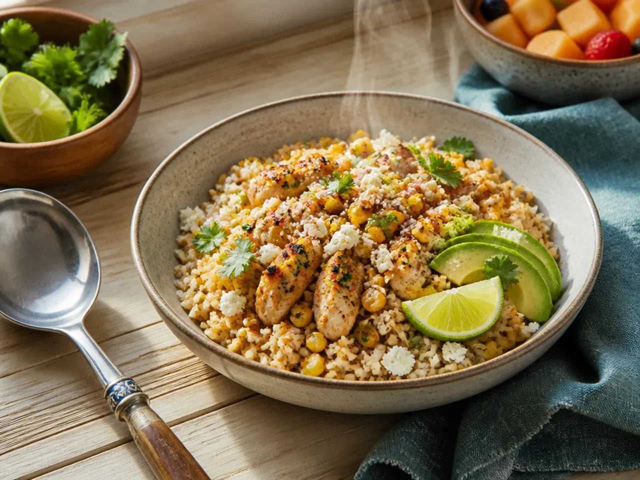 Simple street corn chicken rice bowl with minimal toppings showing chicken, corn and rice clearly