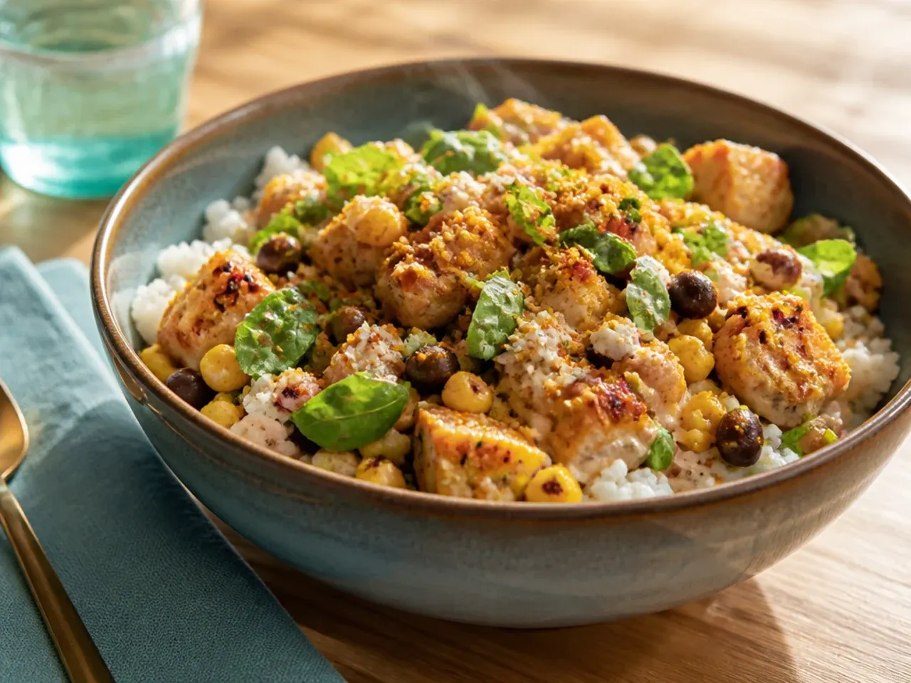 Creamy street corn chicken rice bowl with extra dressing drizzled over chicken and rice