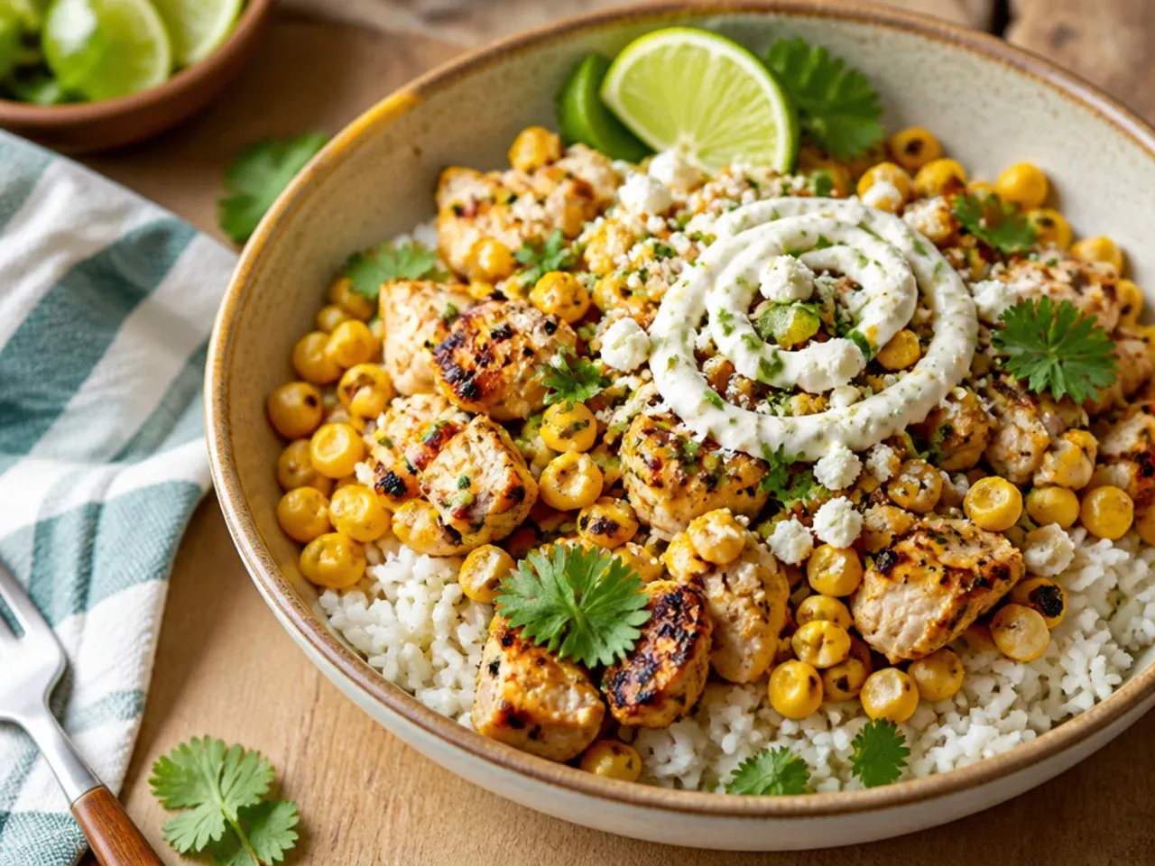 Loaded street corn chicken rice bowl topped with black beans, avocado, pickled onion and tortilla chips