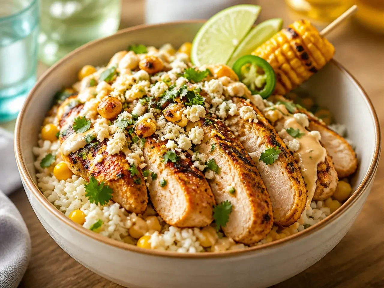 Best-ever street corn chicken rice bowl with grill-charred corn and marinated chicken
