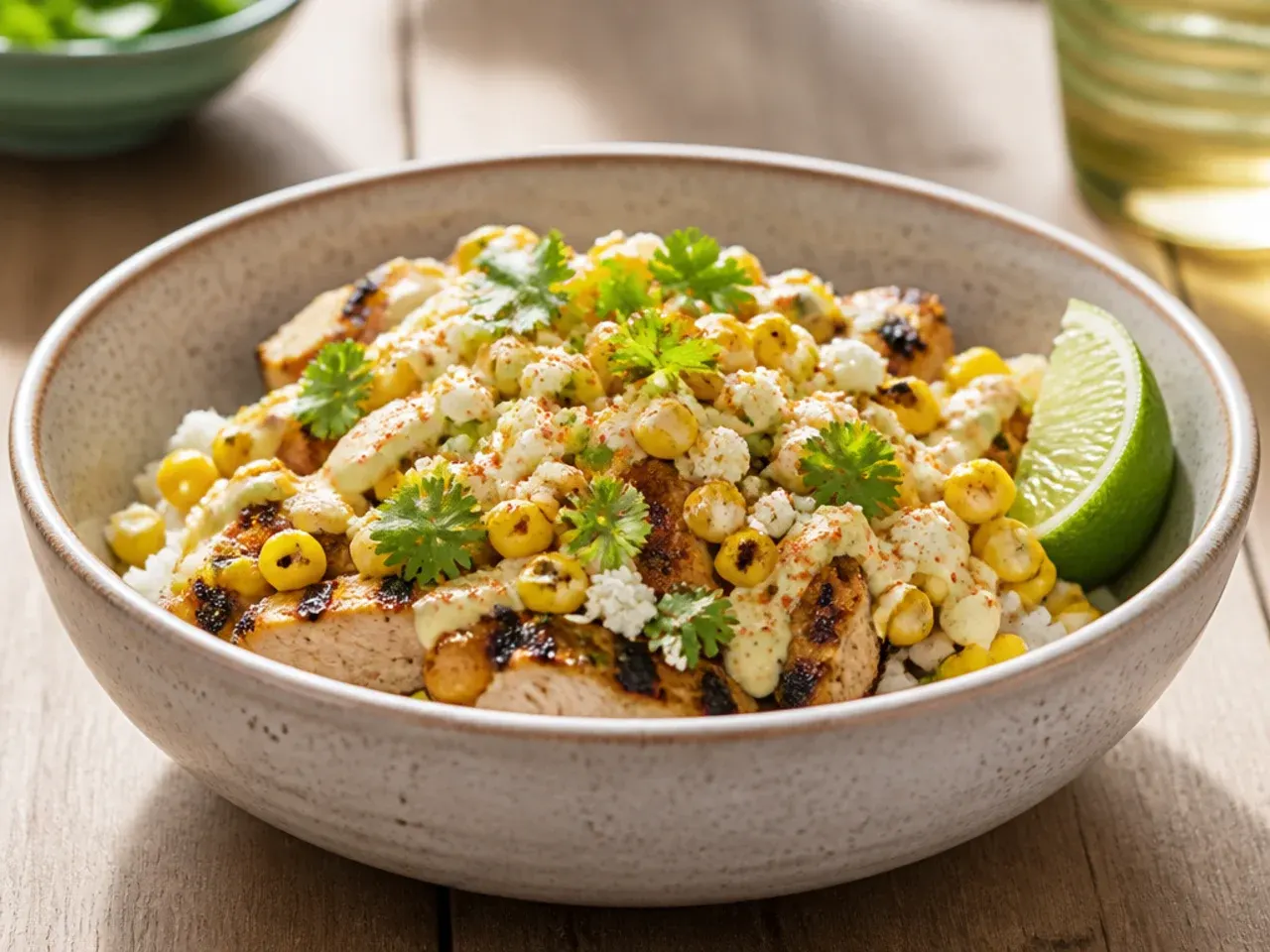 Cheesy street corn chicken rice bowl with melted cheese over rice and extra crumbled cotija on corn