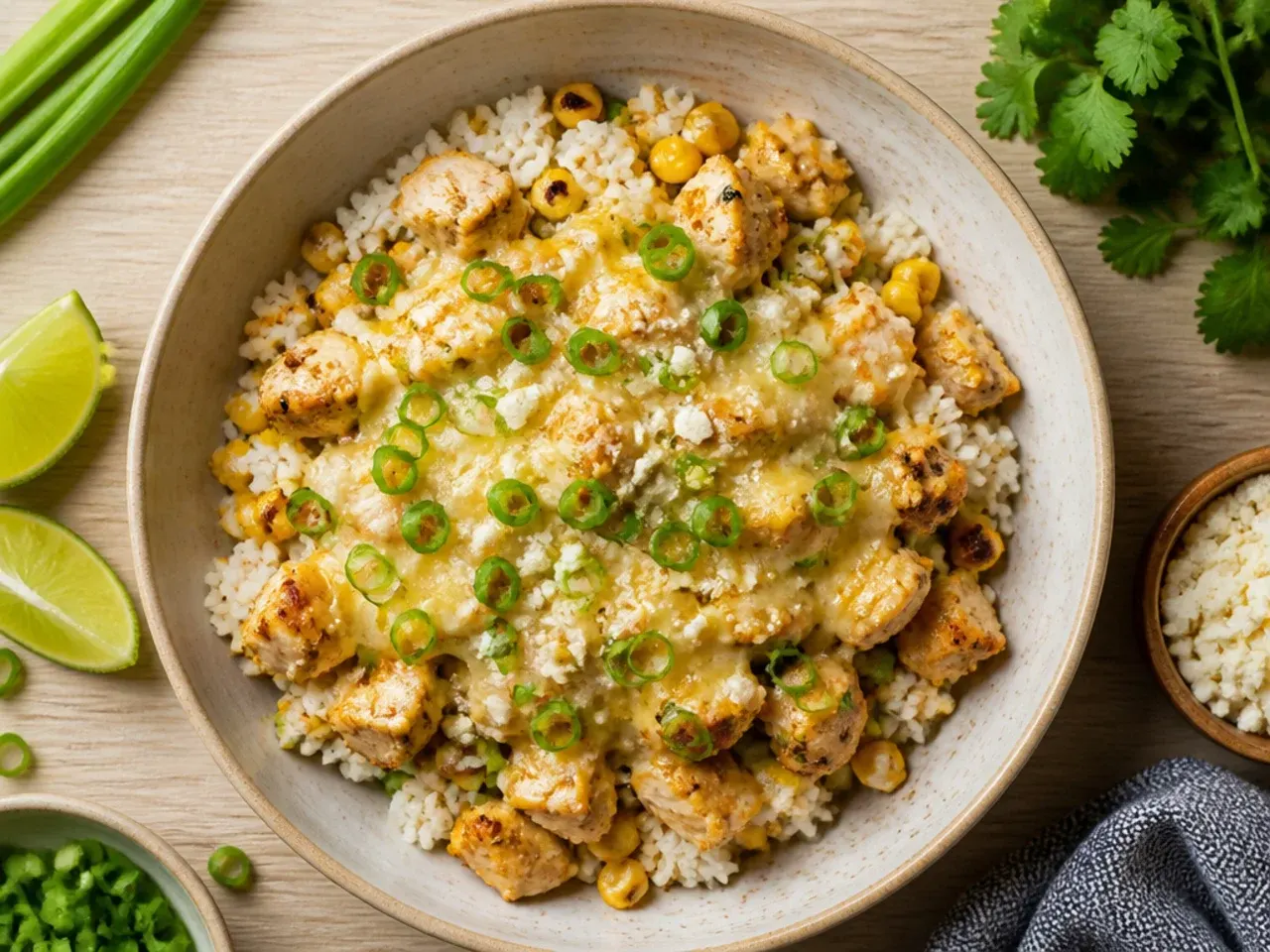 Budget-friendly street corn chicken rice bowl made with thighs, tinned corn and black beans