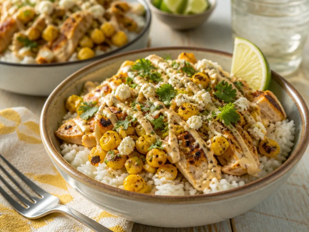 Buffet-style spread of street corn chicken rice bowl ingredients for a crowd