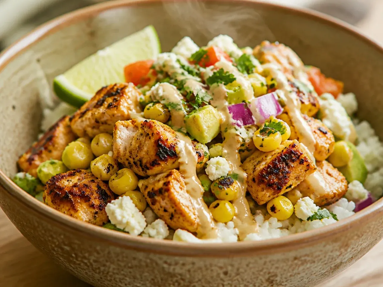 Meal-prep containers of street corn chicken rice bowl components stored separately for the week
