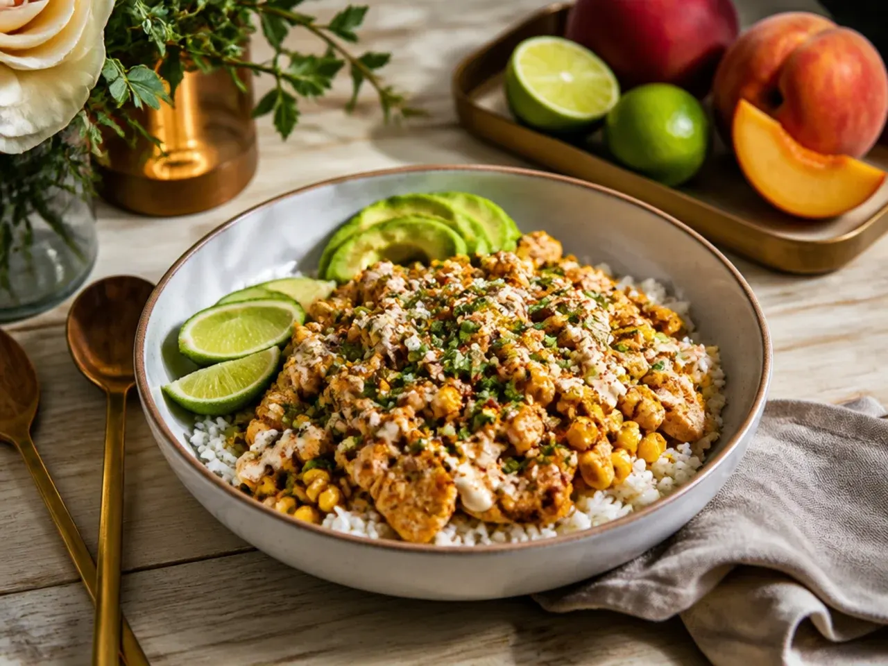 Family-style street corn chicken rice bowl with mild seasoning and toppings served separately
